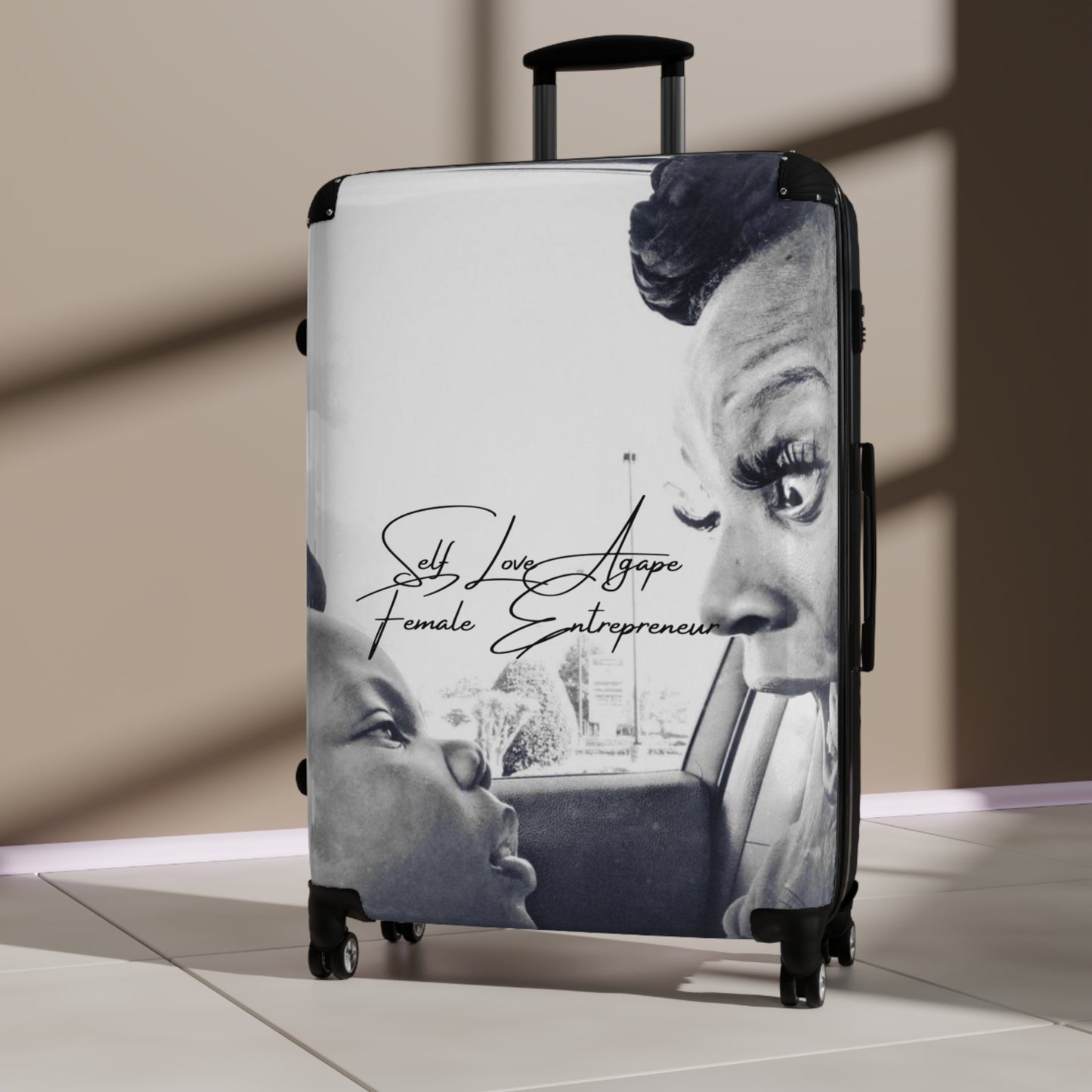 Black & White Family Portrait Carry-On Suitcase — "She Loves Anger" Female Empowerment Design