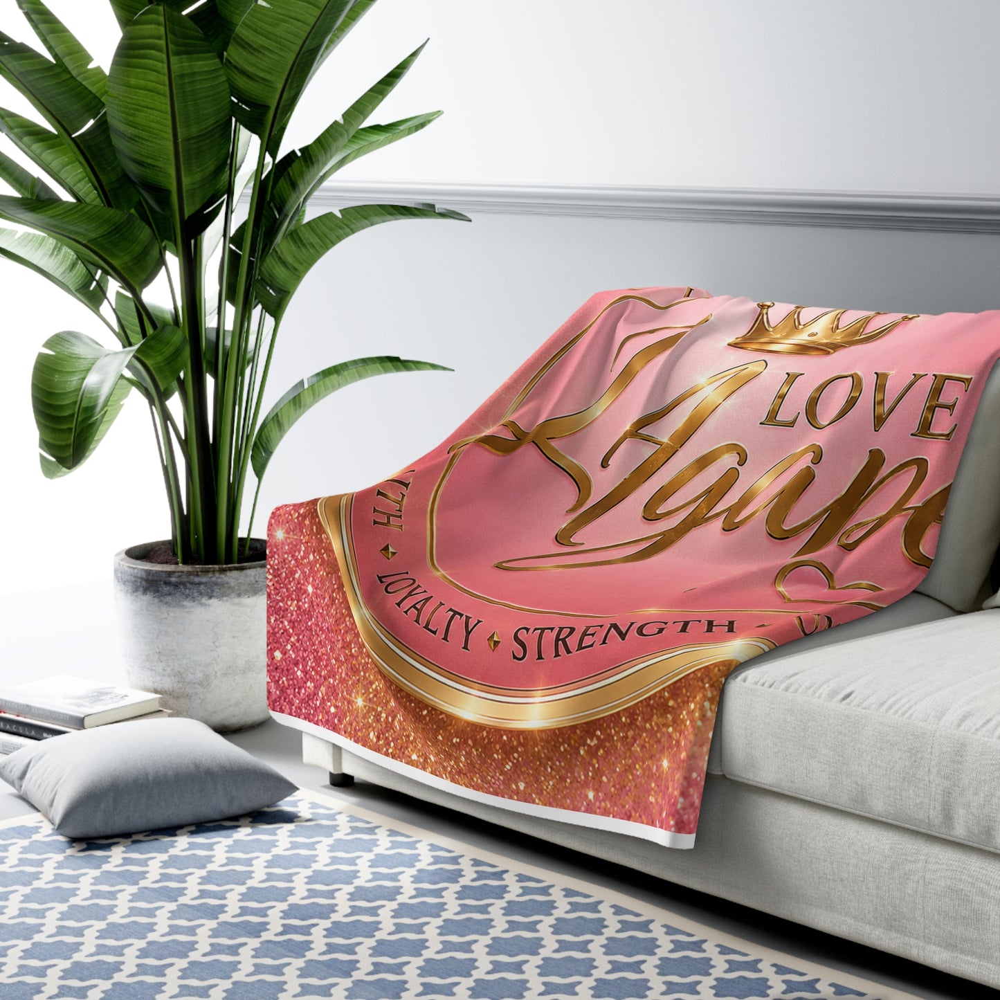 Sherpa Blanket — "Love Agape" Pink Gold Crown Throw (Faith • Loyalty • Strength • Unity)