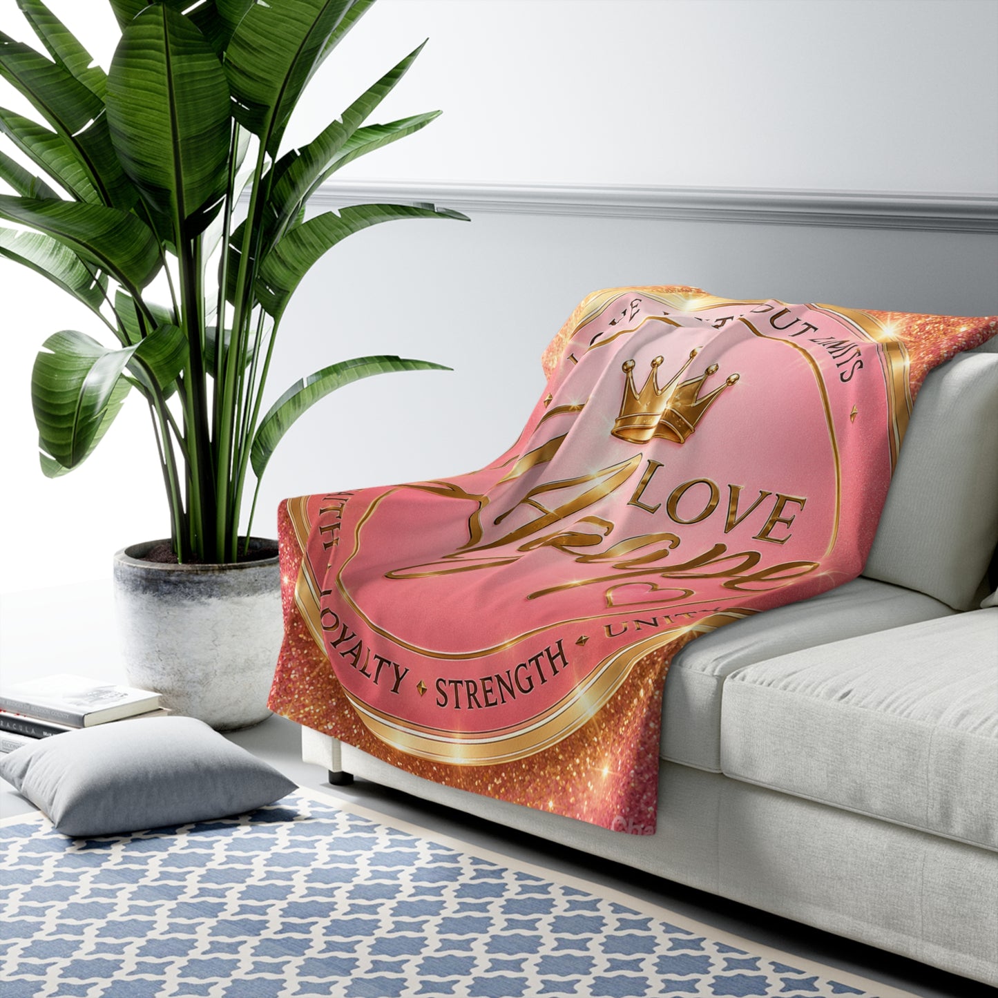 Sherpa Blanket — "Love Agape" Pink Gold Crown Throw (Faith • Loyalty • Strength • Unity)