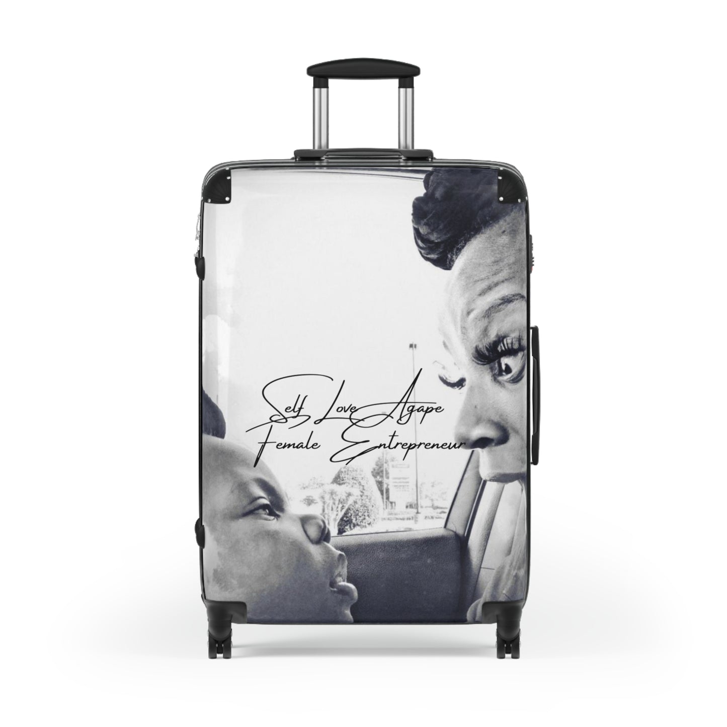 Black & White Family Portrait Carry-On Suitcase — "She Loves Anger" Female Empowerment Design