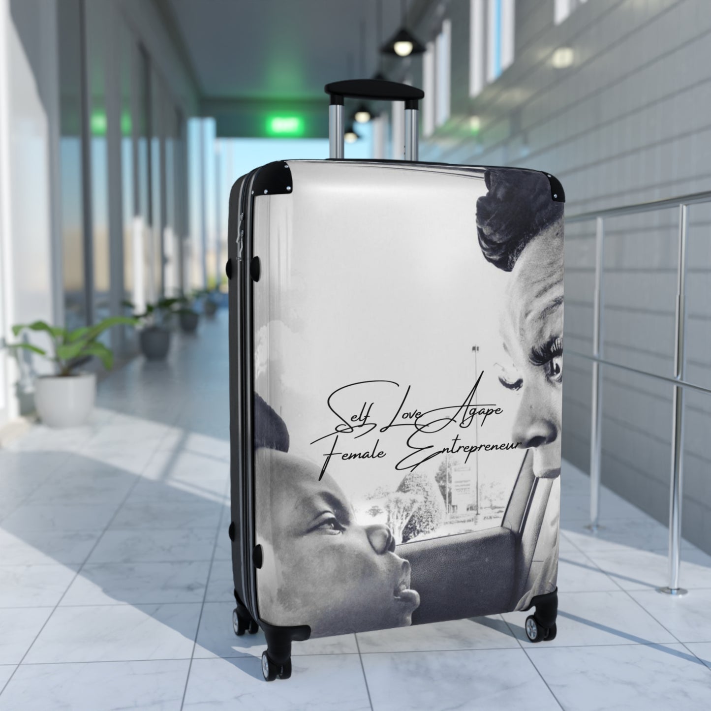 Black & White Family Portrait Carry-On Suitcase — "She Loves Anger" Female Empowerment Design