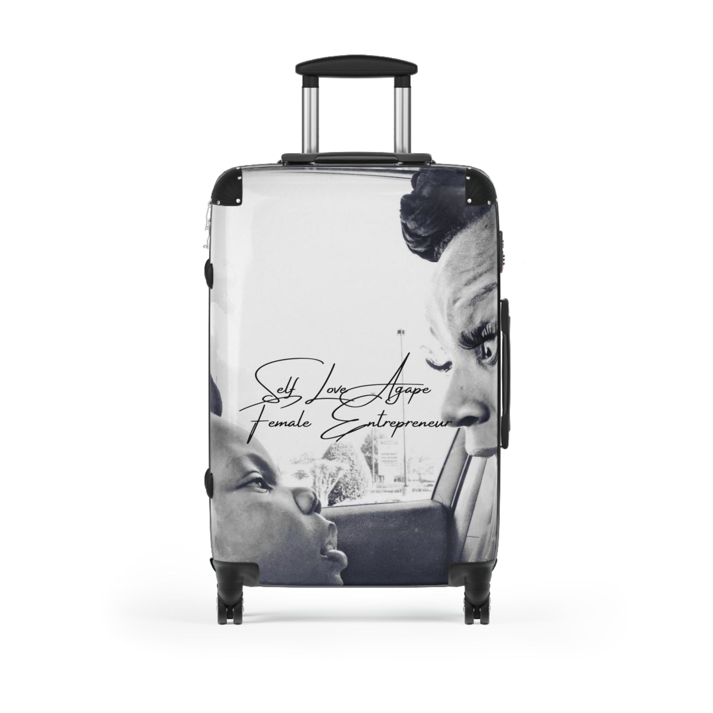 Black & White Family Portrait Carry-On Suitcase — "She Loves Anger" Female Empowerment Design