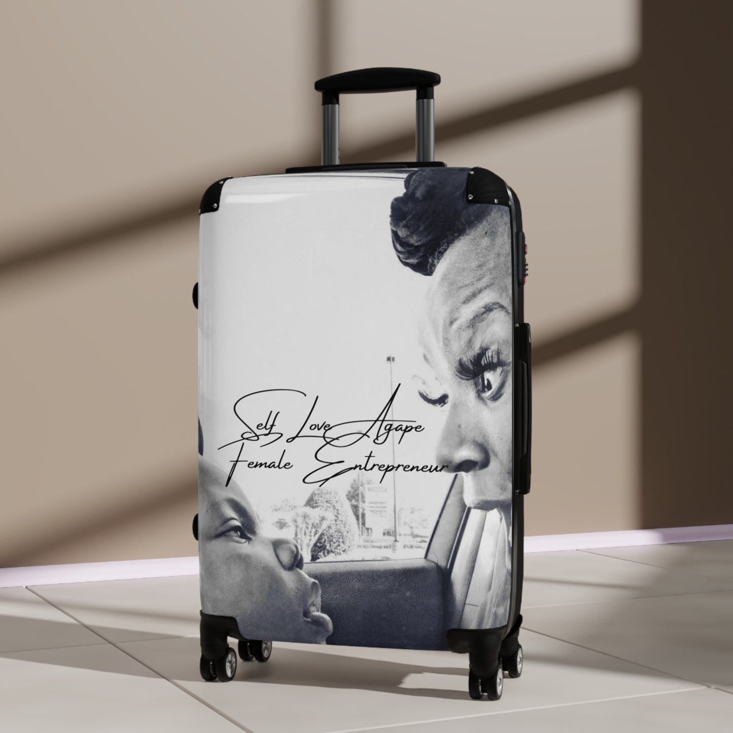Black & White Family Portrait Carry-On Suitcase — "She Loves Anger" Female Empowerment Design