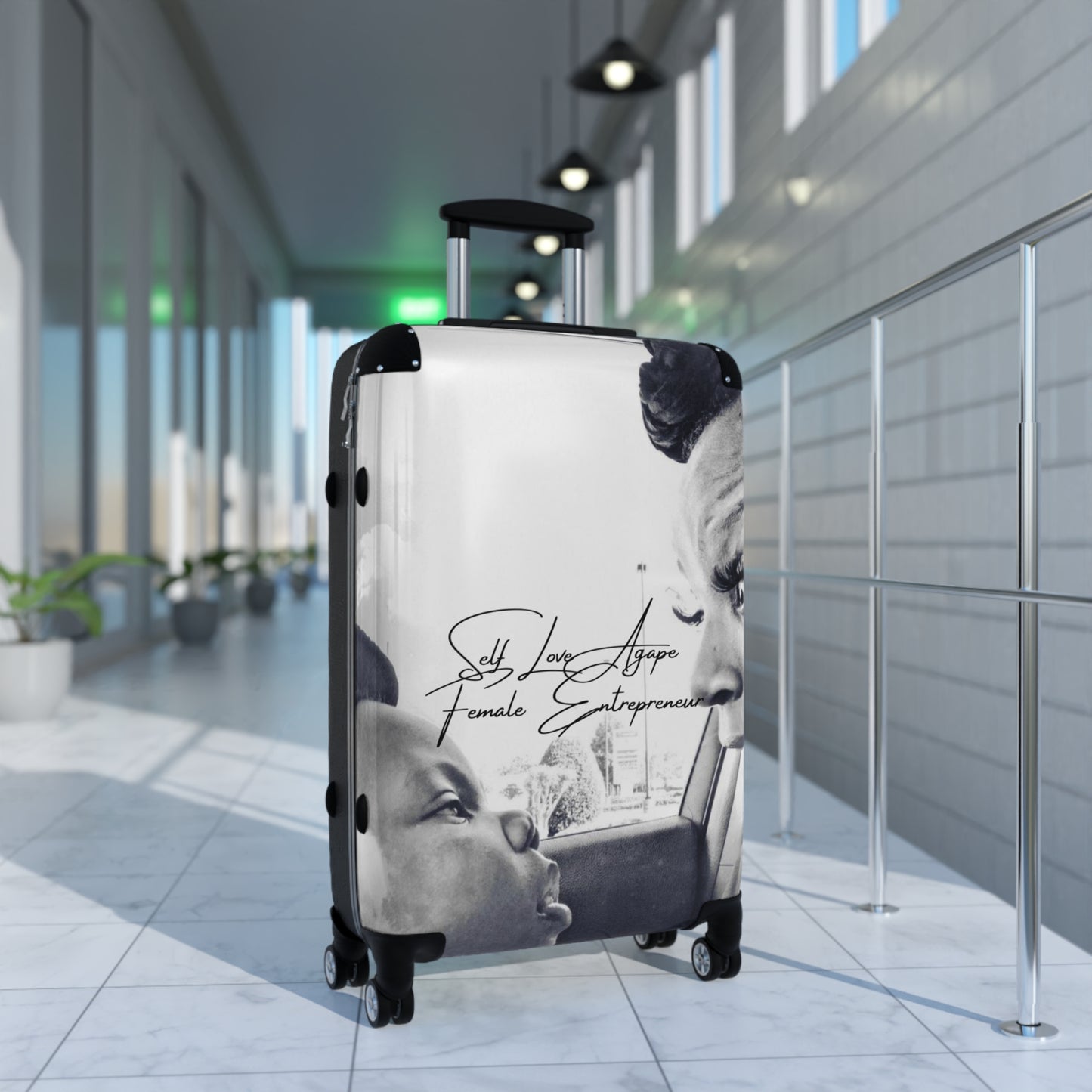 Black & White Family Portrait Carry-On Suitcase — "She Loves Anger" Female Empowerment Design