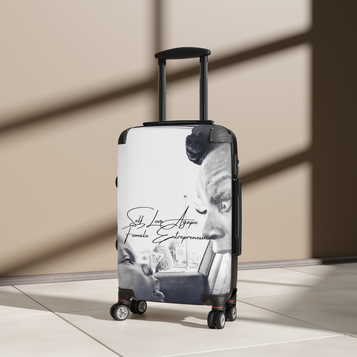 Black & White Family Portrait Carry-On Suitcase — "She Loves Anger" Female Empowerment Design